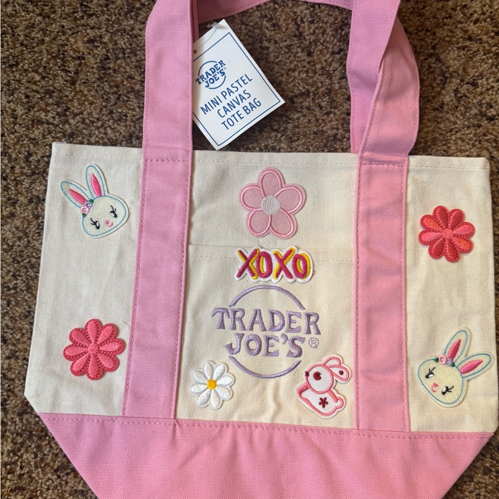 Trader Joe's Mini Pastel Canvas Tote Bag - Pink & Cream